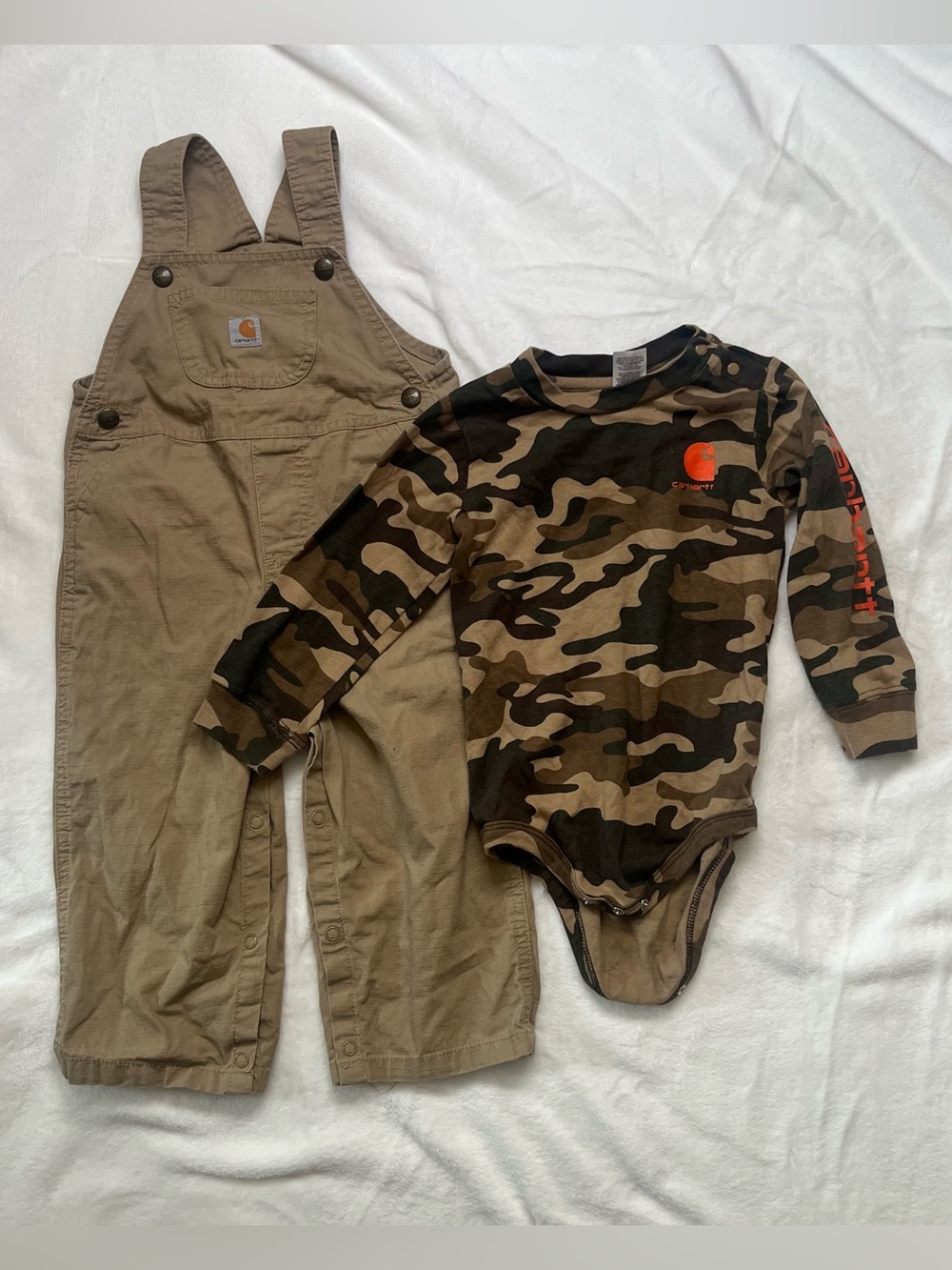 Carhartt 24M 2-Piece Set Tan Overalls & Camo Long Sleeve Bodysuit